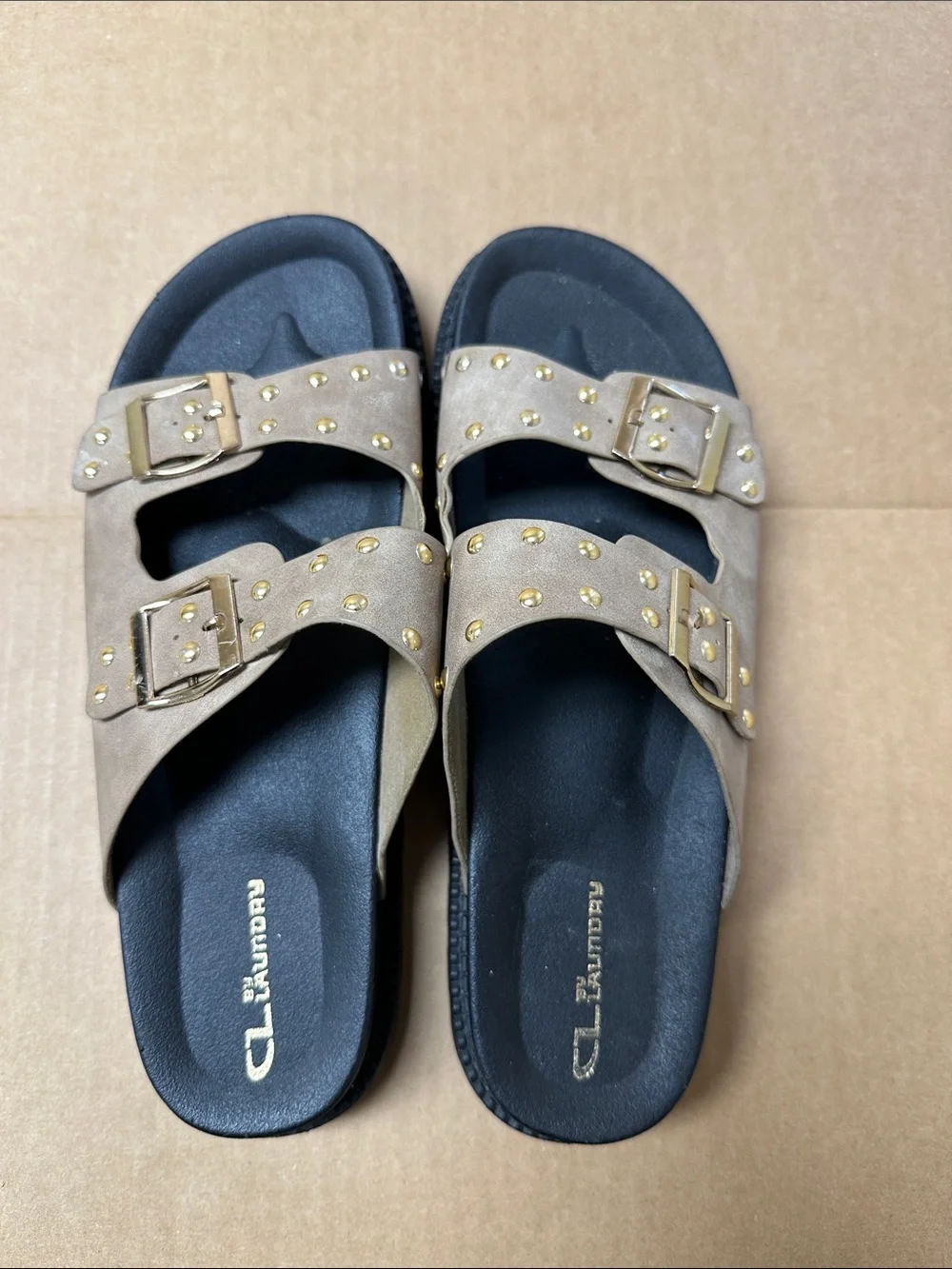 ##850, Wmn size 10, CL by Laundry Beige Double-Buckle Stud Slide Sandals